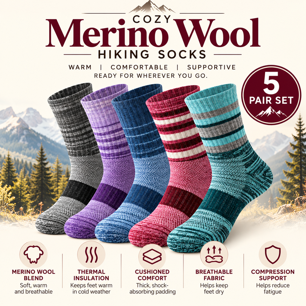 Cozy Merino Wool Hiking Socks 5 Pair Set multicolor hero