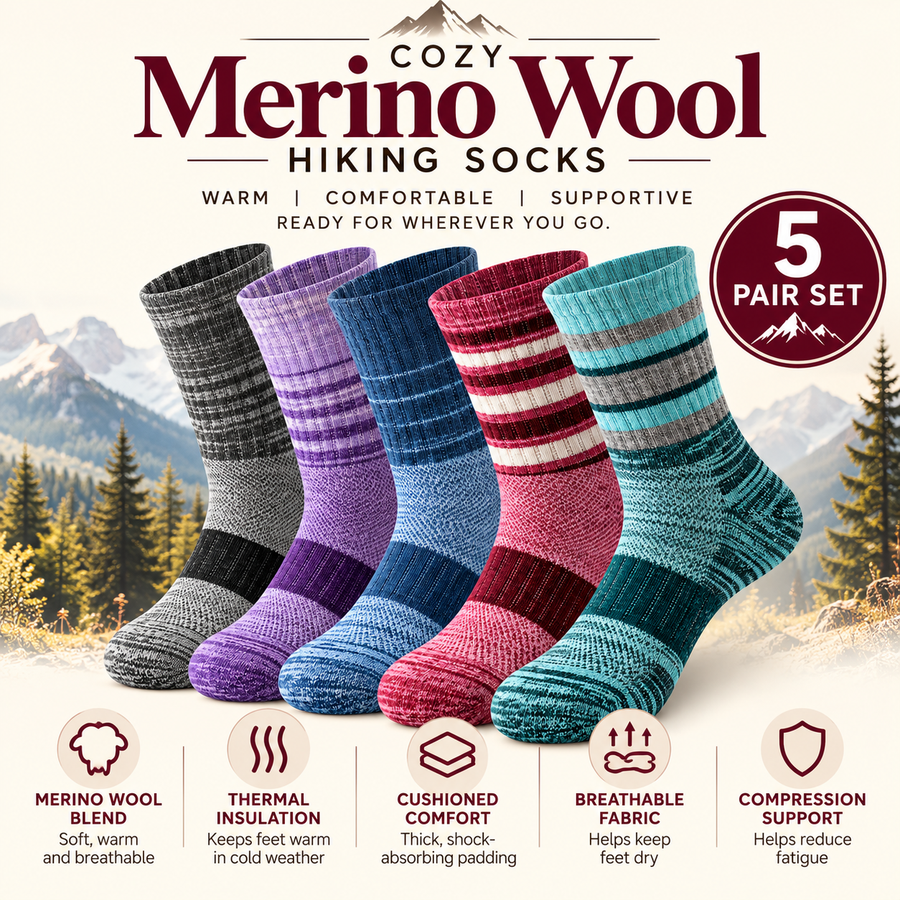 Cozy Merino Wool Hiking Socks – 5 Pair Set