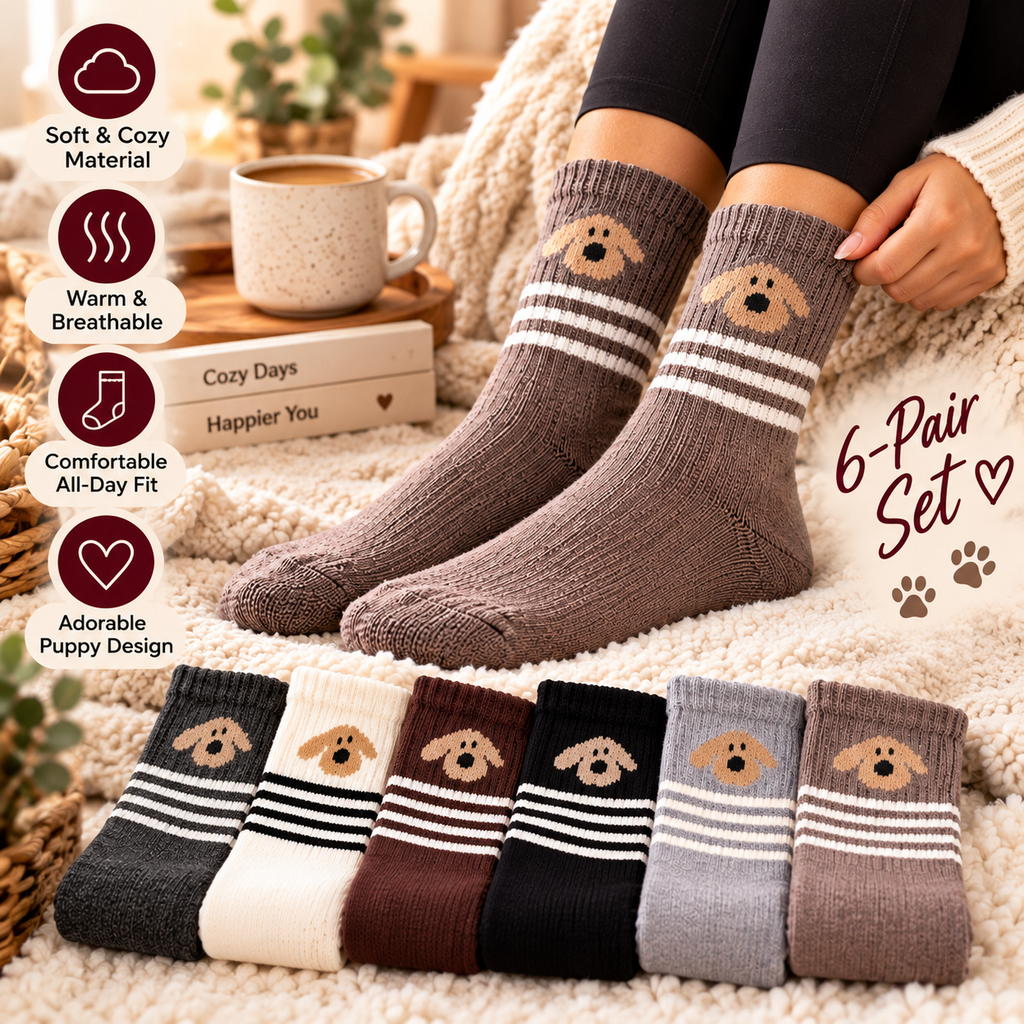 Cozy Puppy Stripe Socks six-pair set everyday comfort