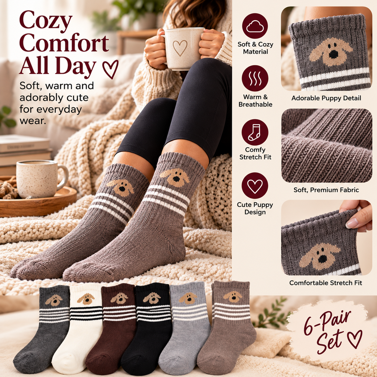 Cozy Puppy Stripe Socks comfort and fabric features