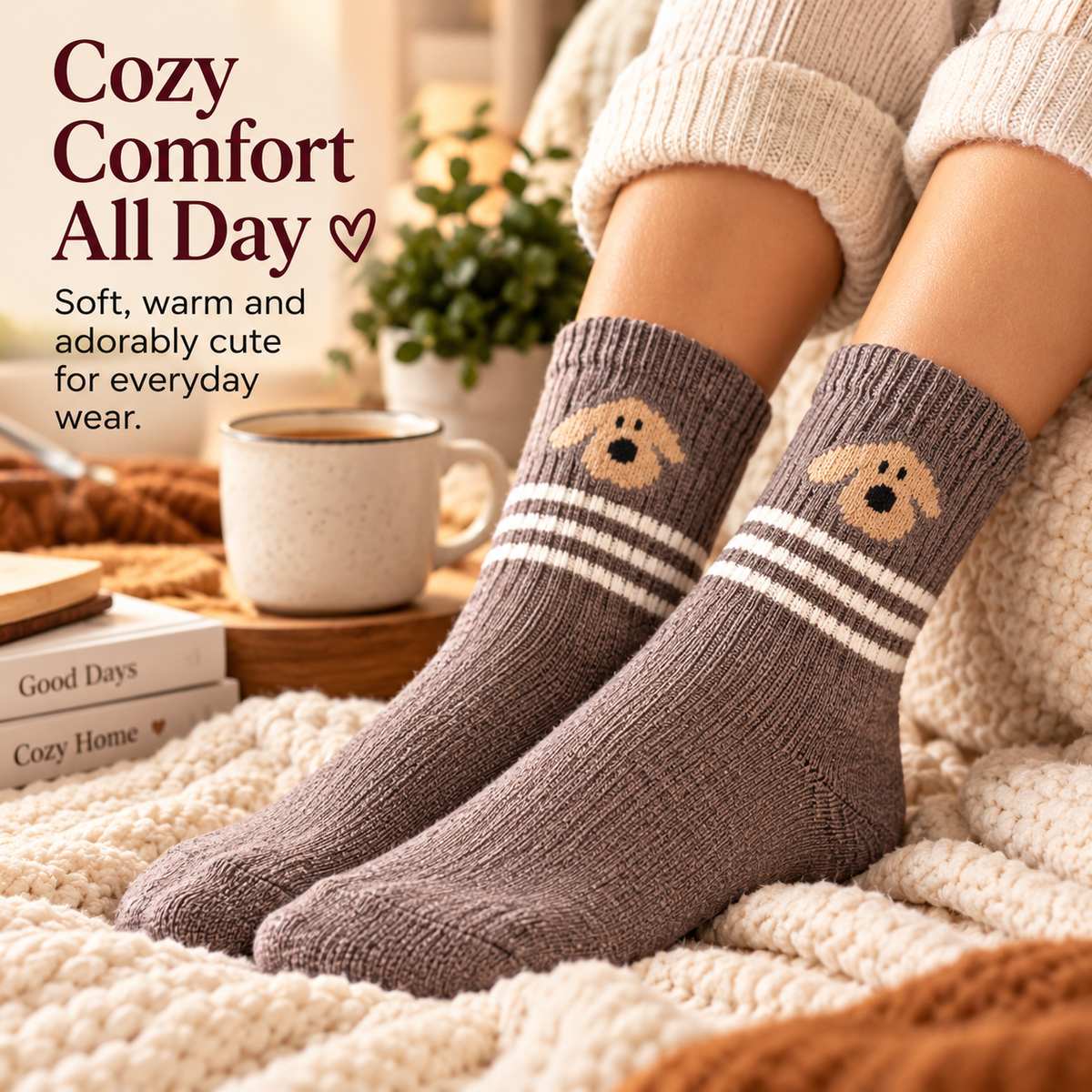 Cozy Puppy Stripe Socks worn at home