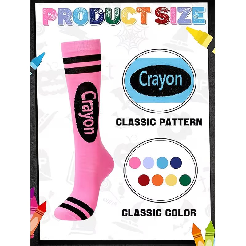 Crayon-Themed Colorful Striped Knee-High Socks (8-Pack) - Dawterson