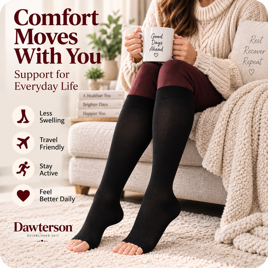 Woman relaxing at home wearing black open-toe compression socks