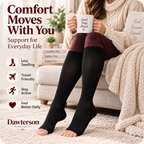 Woman relaxing at home wearing black open-toe compression socks