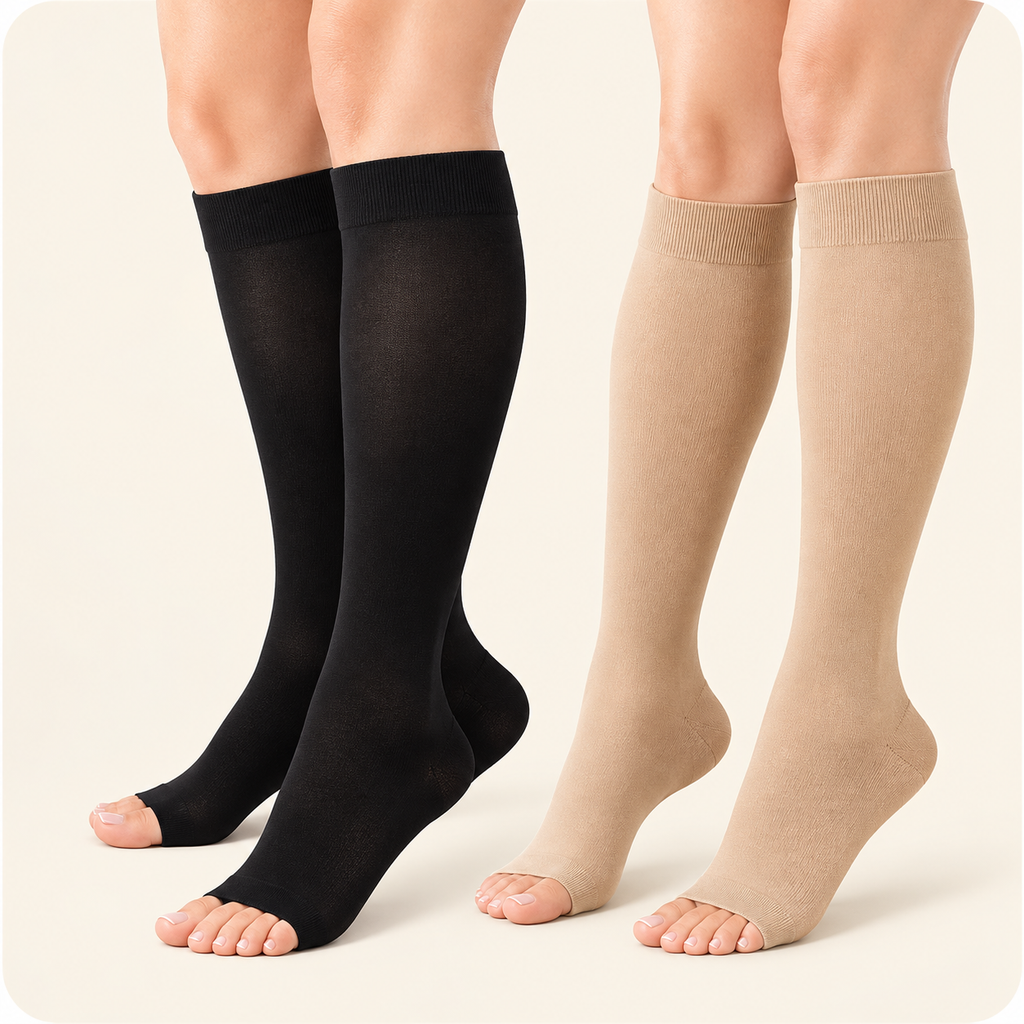 Black and nude open-toe knee-high compression socks, 2-pair set