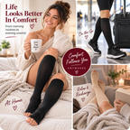 Open-toe compression socks shown at home, while traveling, and relaxing