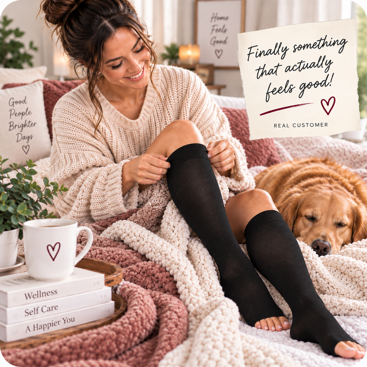 Customer-style lifestyle image wearing black open-toe compression socks