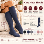 Everyday Support knee-high compression socks care guide and product specifications