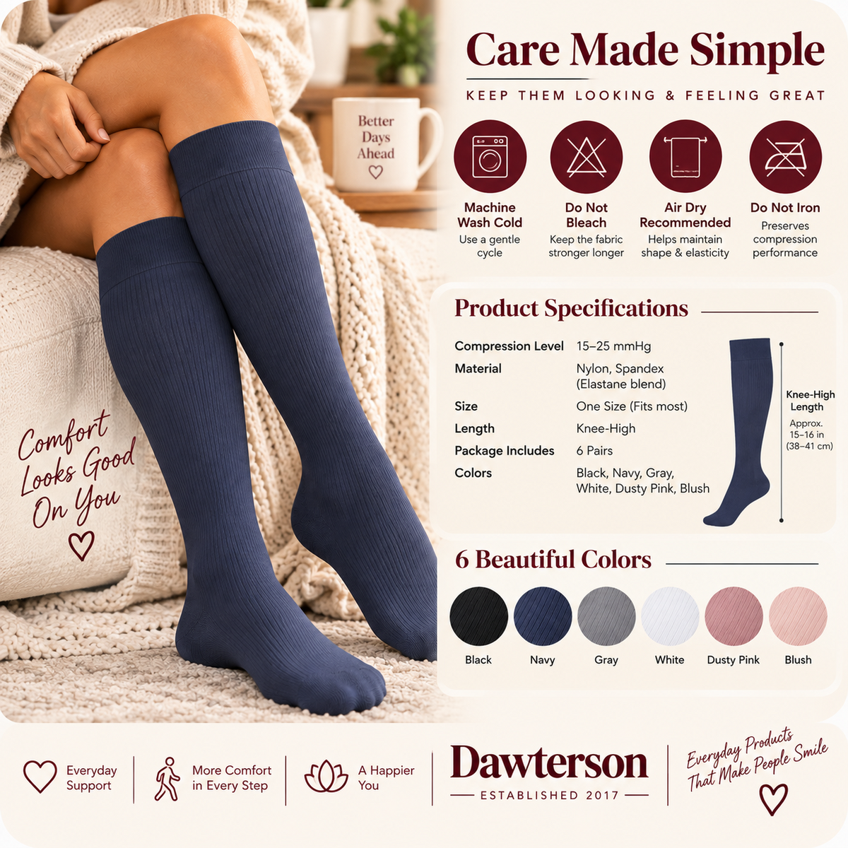 Everyday Support knee-high compression socks care guide and product specifications