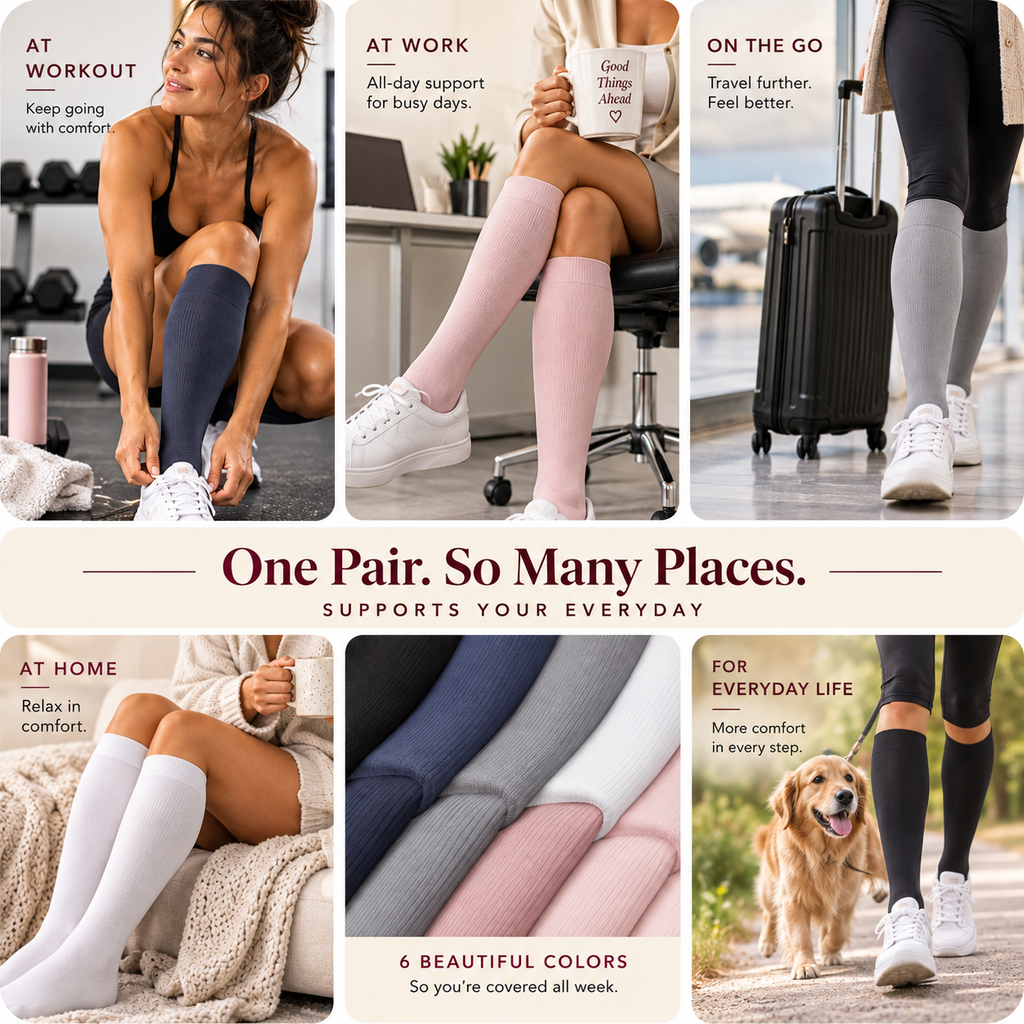 Everyday Support compression socks shown at work, travel, home, exercise and everyday life