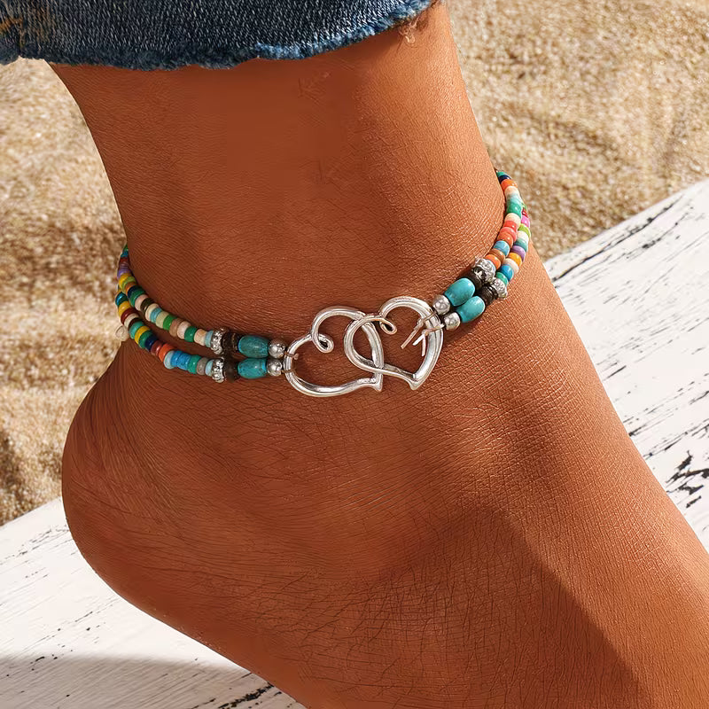 Summer Vibe: "Heartfelt Connection" Boho Double-Heart Anklet Set (4-pack)