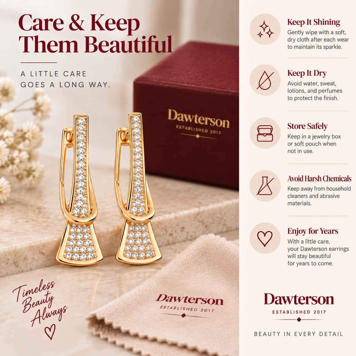 Care guide for Golden Glow crystal drop earrings
