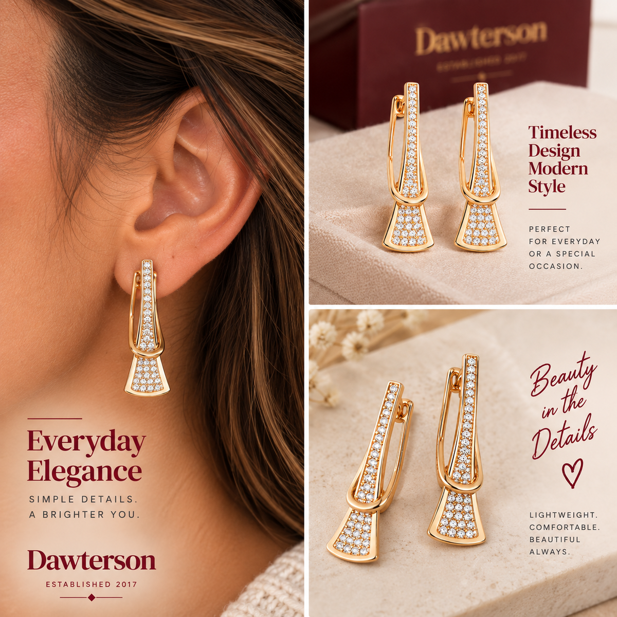 Golden Glow crystal drop earrings shown worn and in detailed lifestyle views