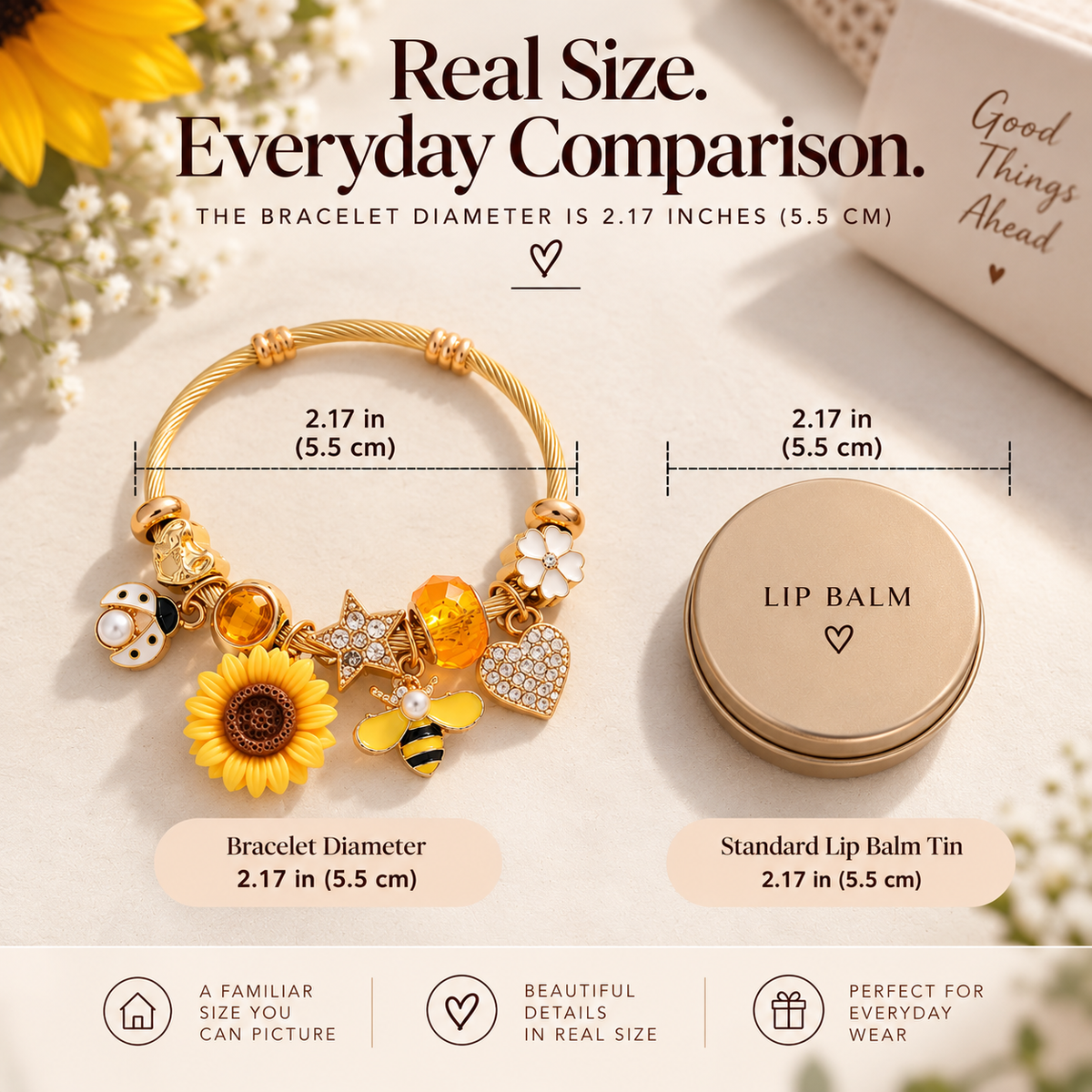 Golden Sunflower Garden Charm Bracelet size comparison with round lip balm tin