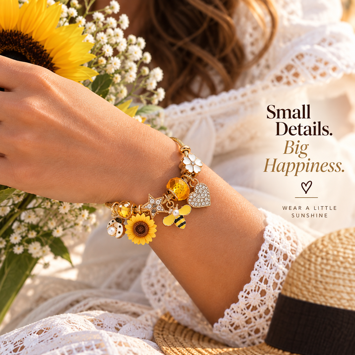 Golden Sunflower Garden Charm Bracelet worn in a sunlit lifestyle scene
