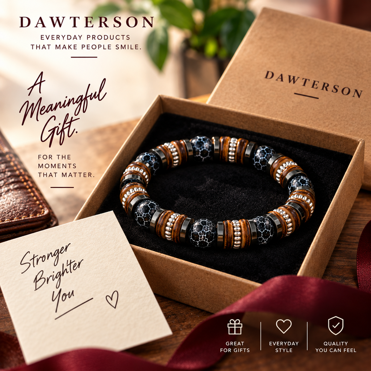 Grounded Strength bracelet meaningful gift lifestyle image; gift box shown for styling only