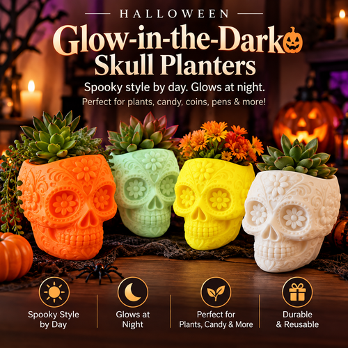 Halloween glow-in-the-dark sugar skull planters in four daytime colors, decorated with succulents and flowers