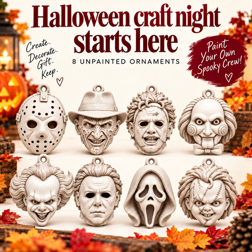 Eight unpainted Halloween horror character ornaments — Halloween craft night starts here