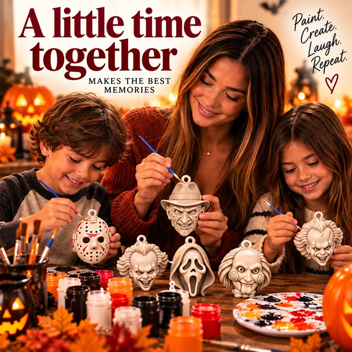 Family enjoying Halloween craft night painting horror character ornaments; lifestyle concept