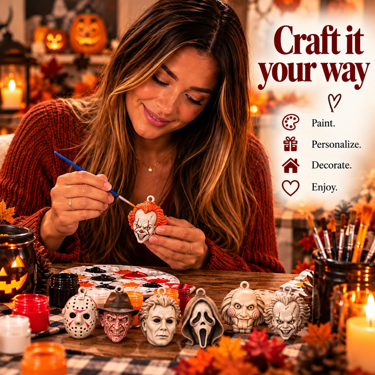 Solo Halloween craft night painting a miniature horror ornament, illustrative lifestyle image