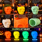 Halloween sugar skull planters collage showing plants, wrapped treats, desk supplies, floral detail and glow colors
