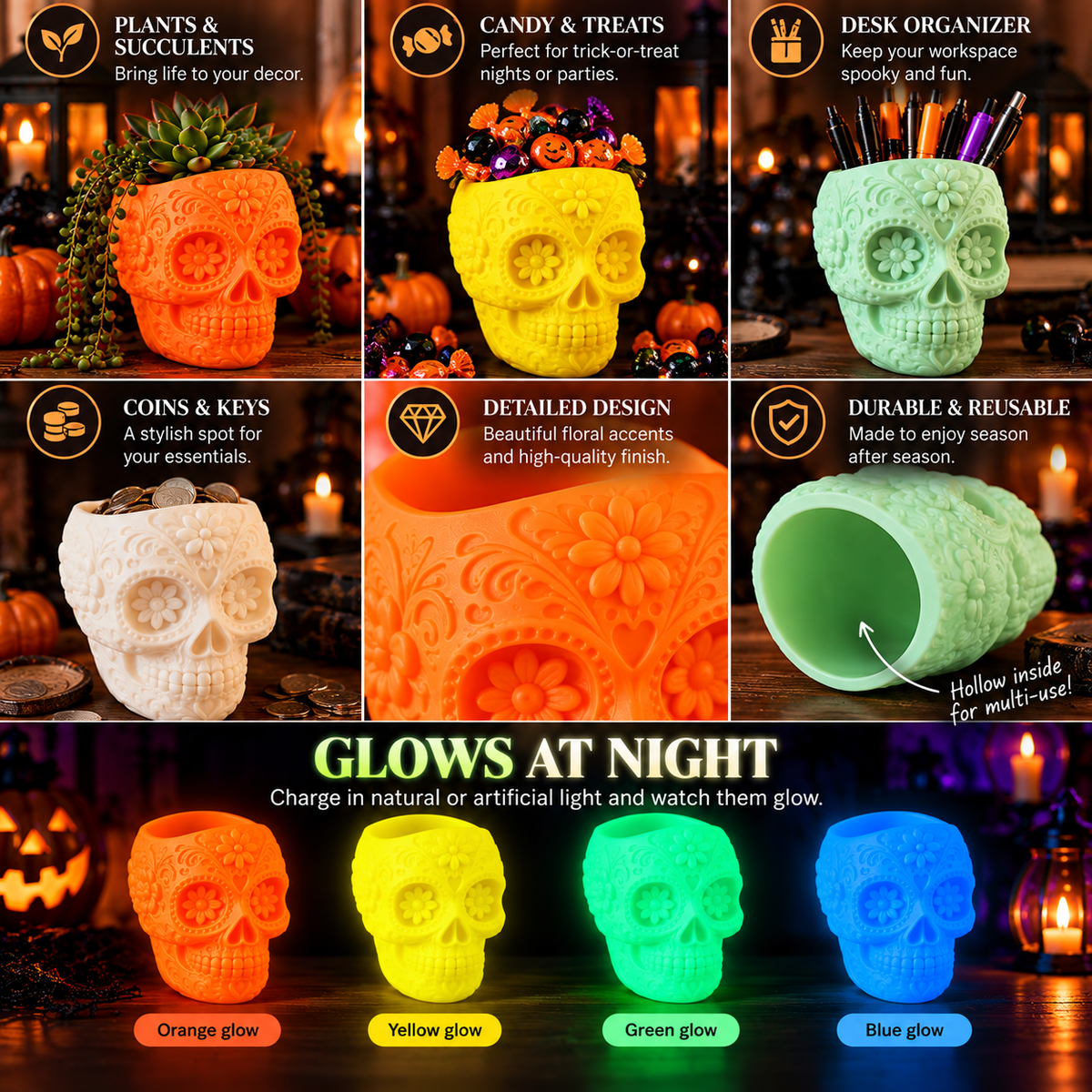Halloween sugar skull planters collage showing plants, wrapped treats, desk supplies, floral detail and glow colors