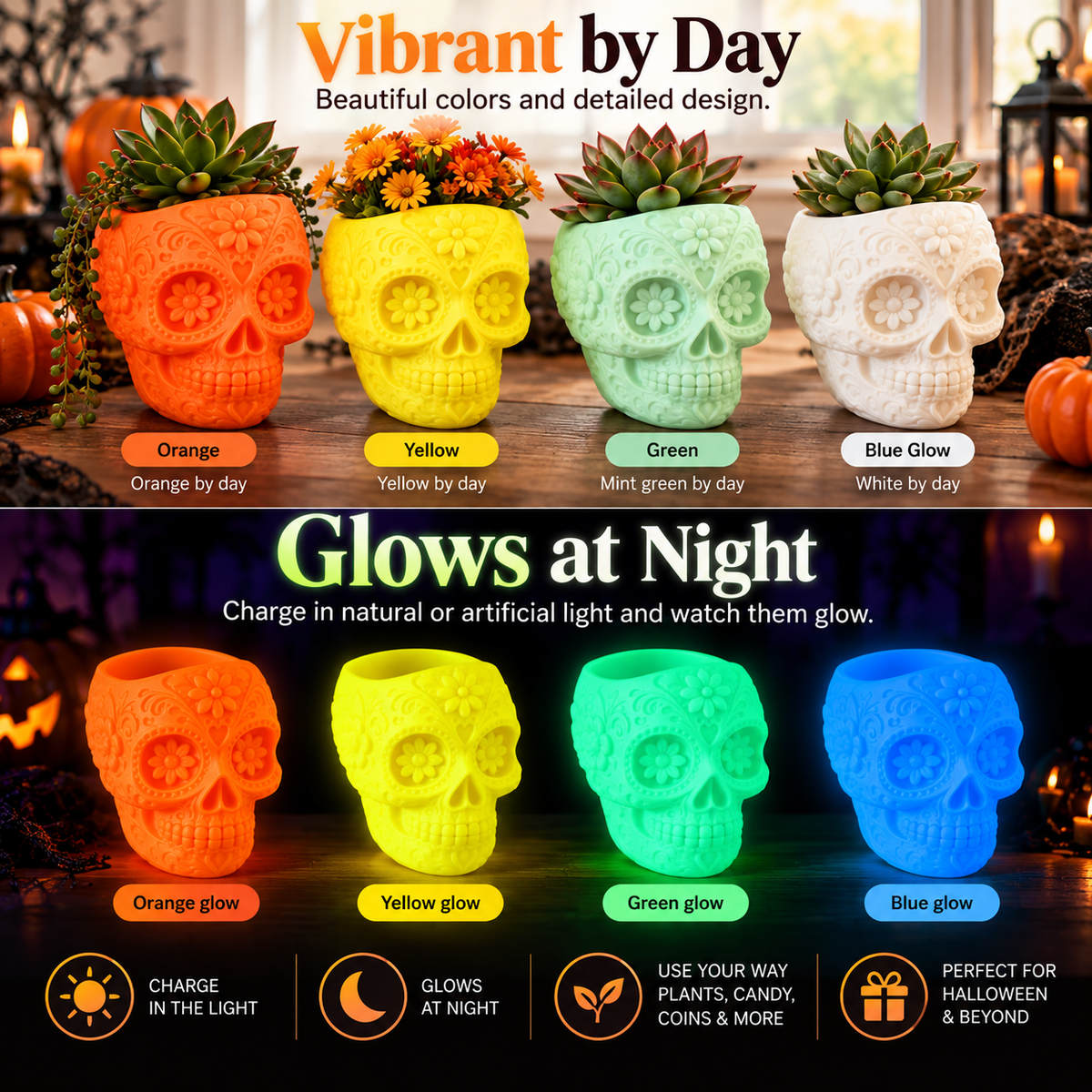 Four floral skull planters in daylight orange yellow mint and white, and glowing orange yellow green and blue at night