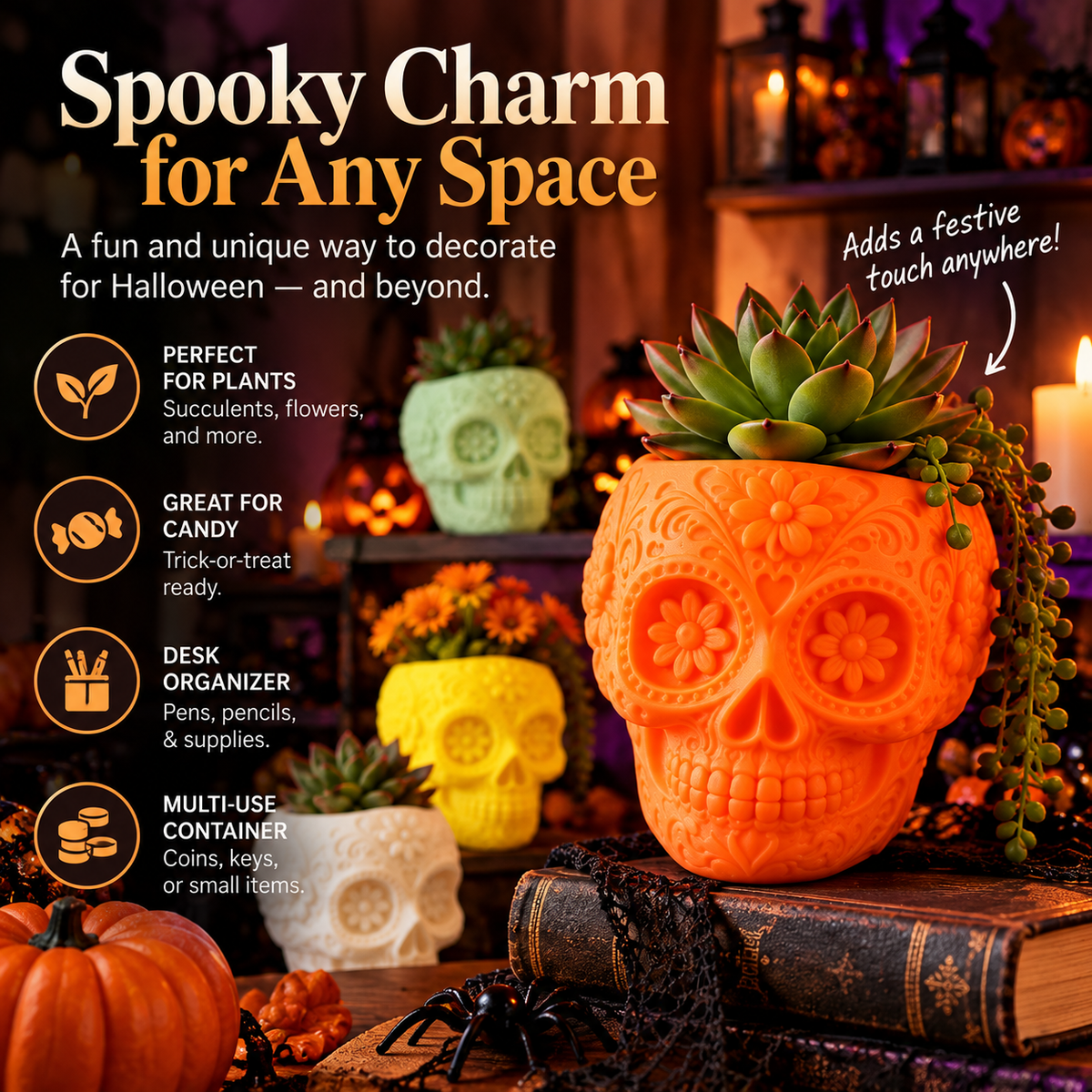 Spooky Charm for Any Space lifestyle image showing Halloween skull planters and suggested uses