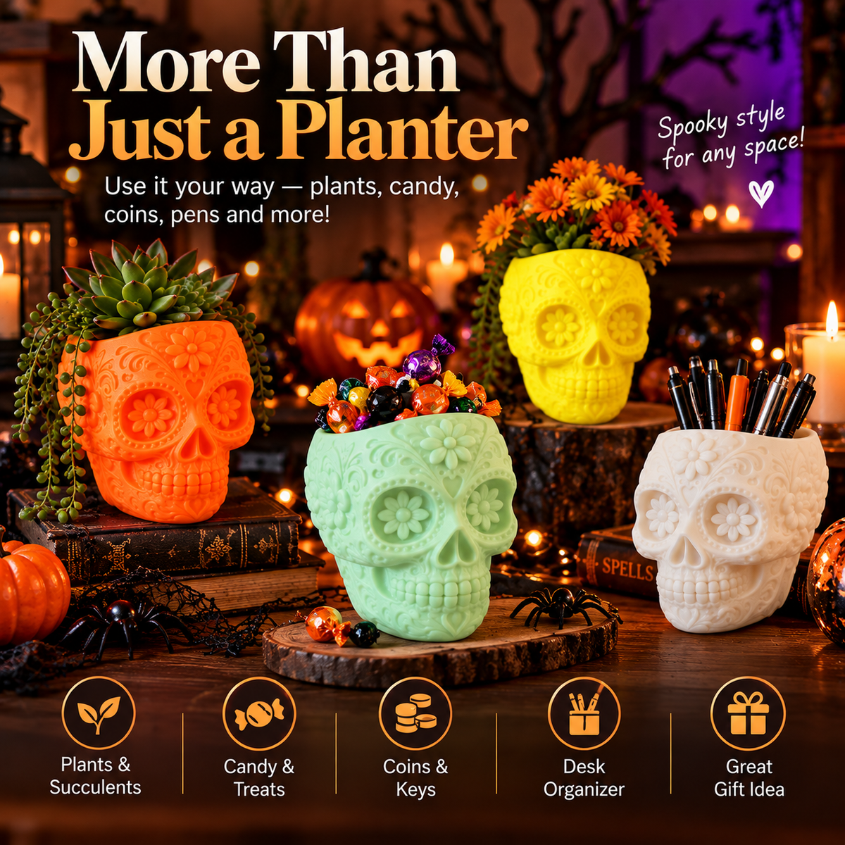 Four sugar skull planters styled with succulent, wrapped candy, flowers and pens in Halloween decor