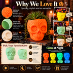 Sugar skull planters with four glow colors and decorative uses; no unverified measurements