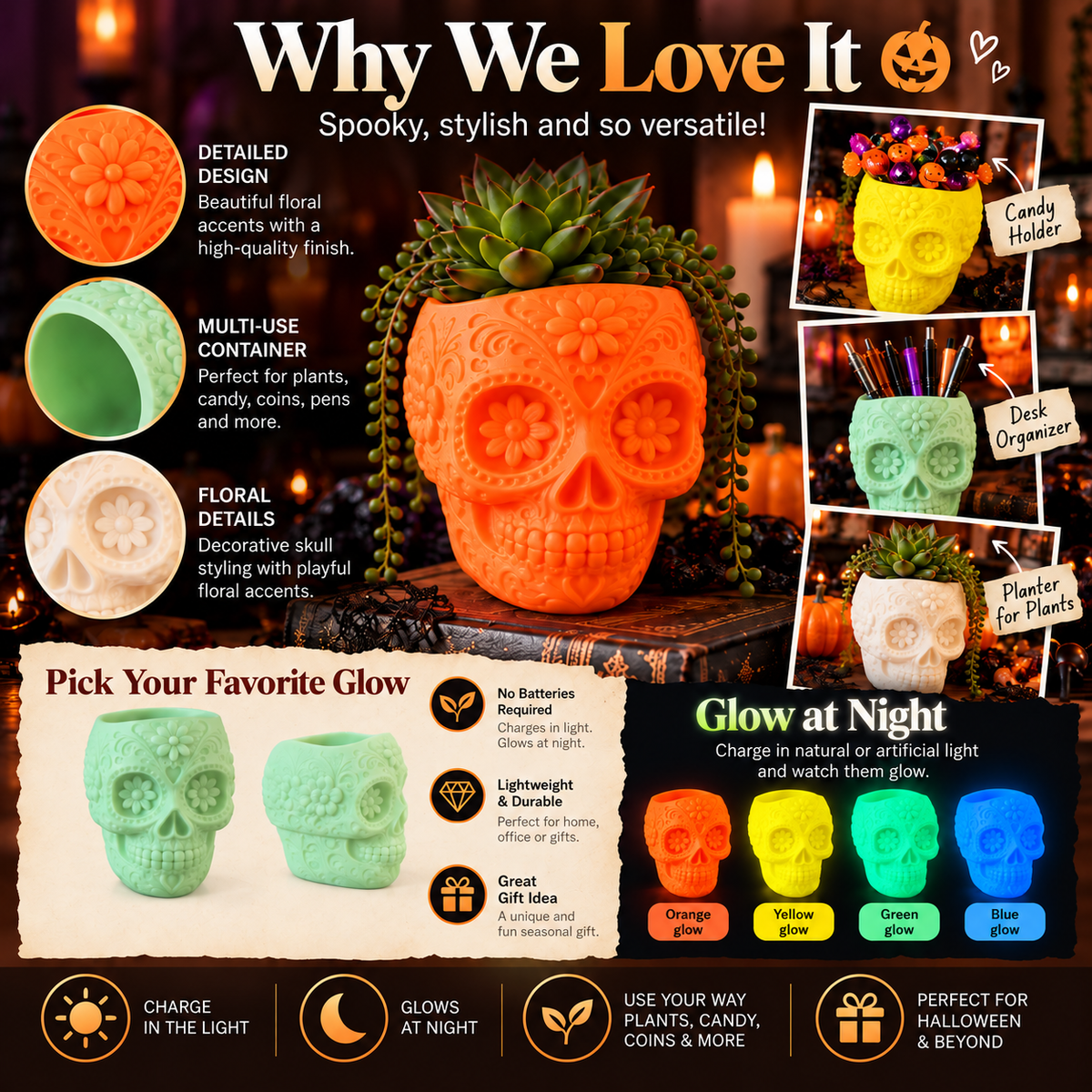 Sugar skull planters with four glow colors and decorative uses; no unverified measurements