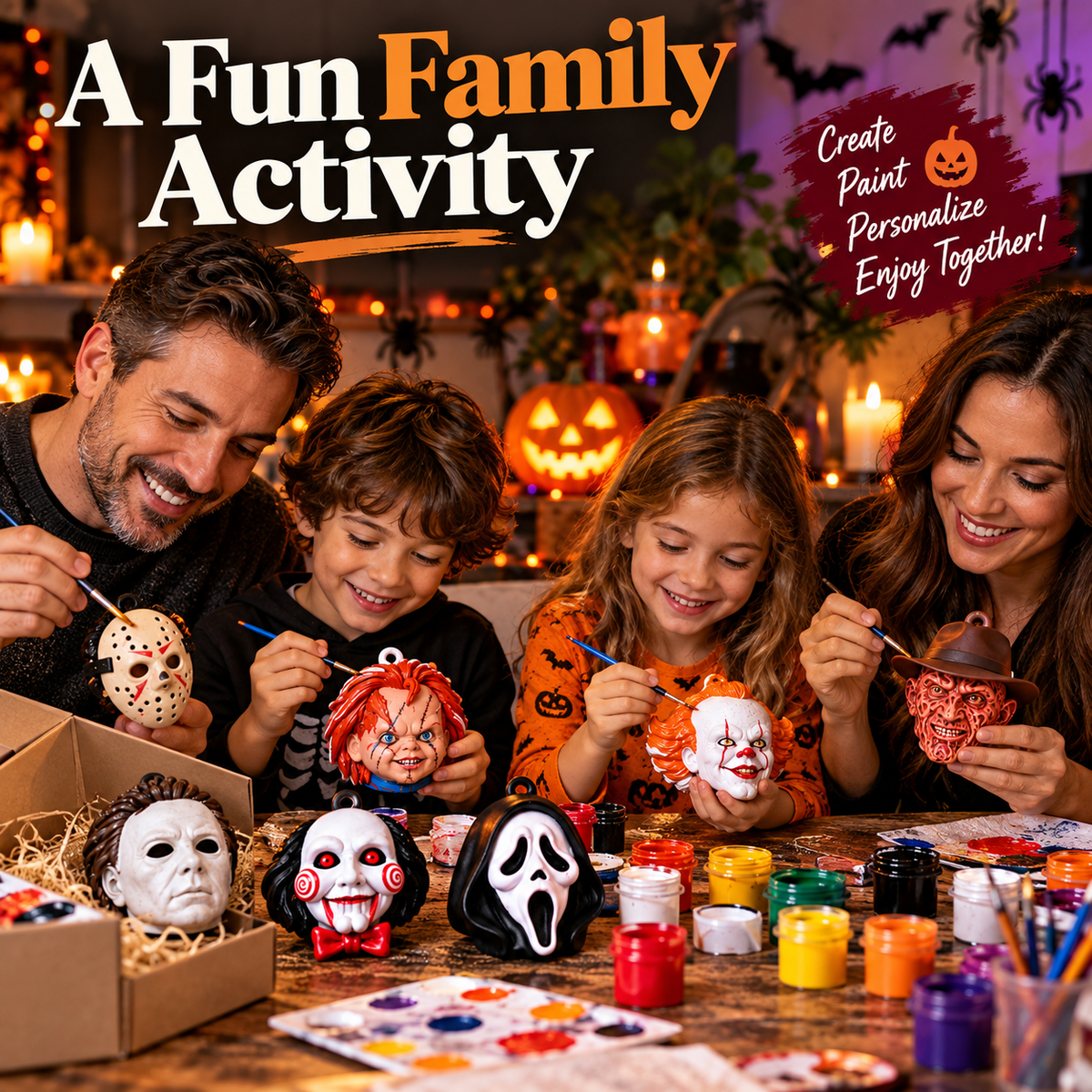 Family painting the horror ornament and charm set together