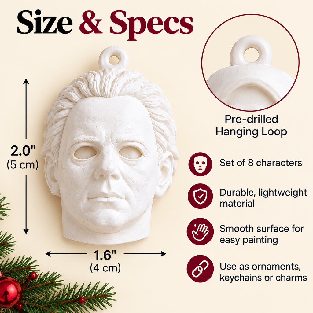 8-piece horror ornament set size and specifications