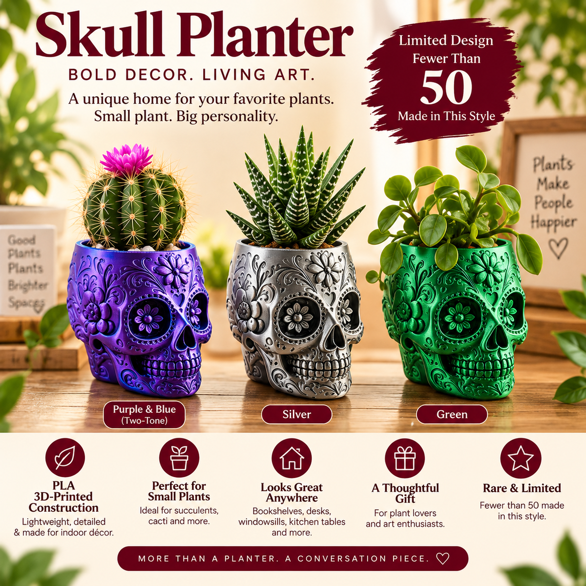 Limited-Run Floral Skull Planter – 3D-Printed PLA Living Art - Dawterson