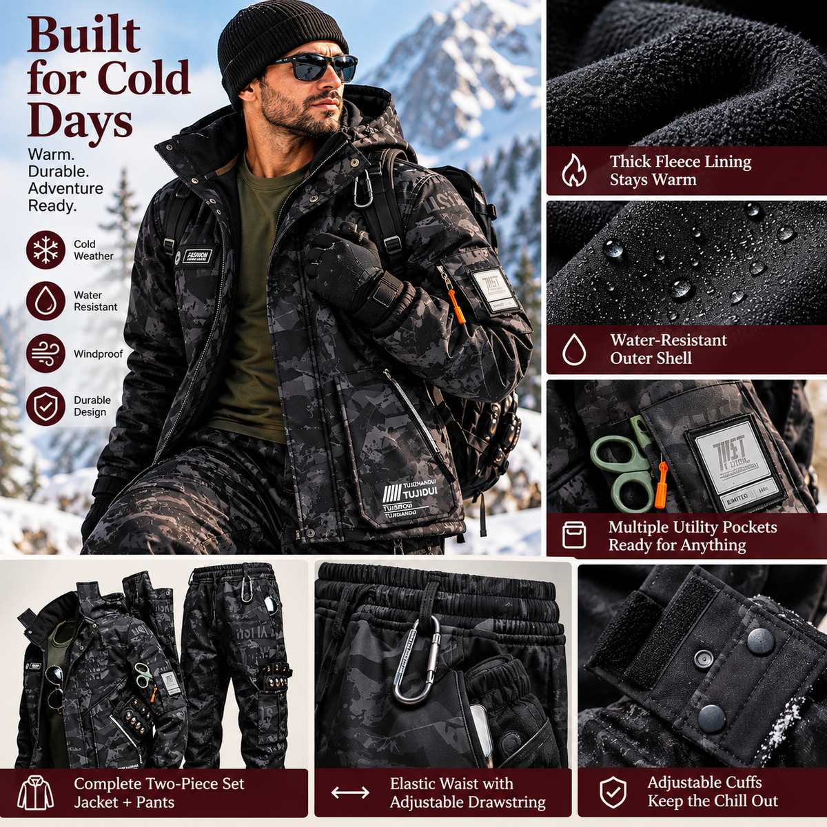 Men’s ArcticGuard two-piece fleece set cold-weather features and utility details