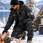 Men’s ArcticGuard fleece-lined two-piece set worn at a winter campsite