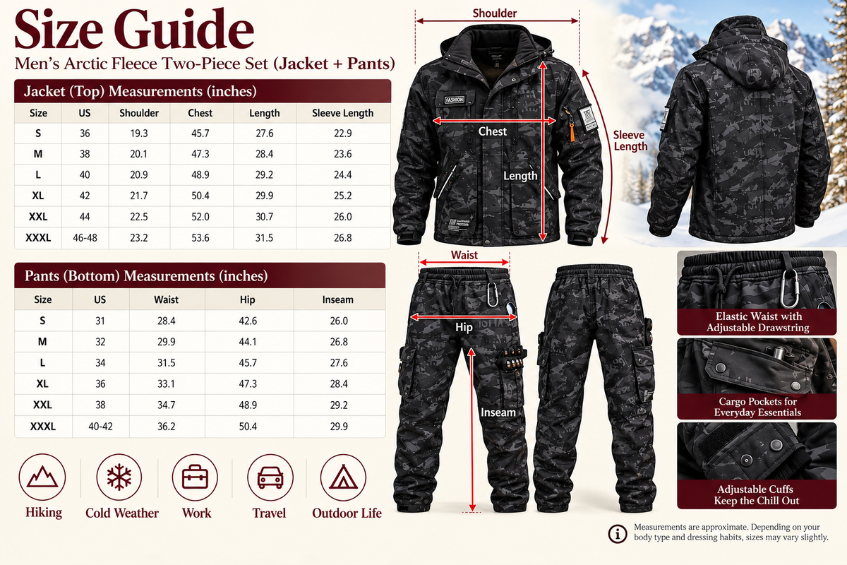 Men’s ArcticGuard fleece two-piece set size guide with jacket and pants measurements
