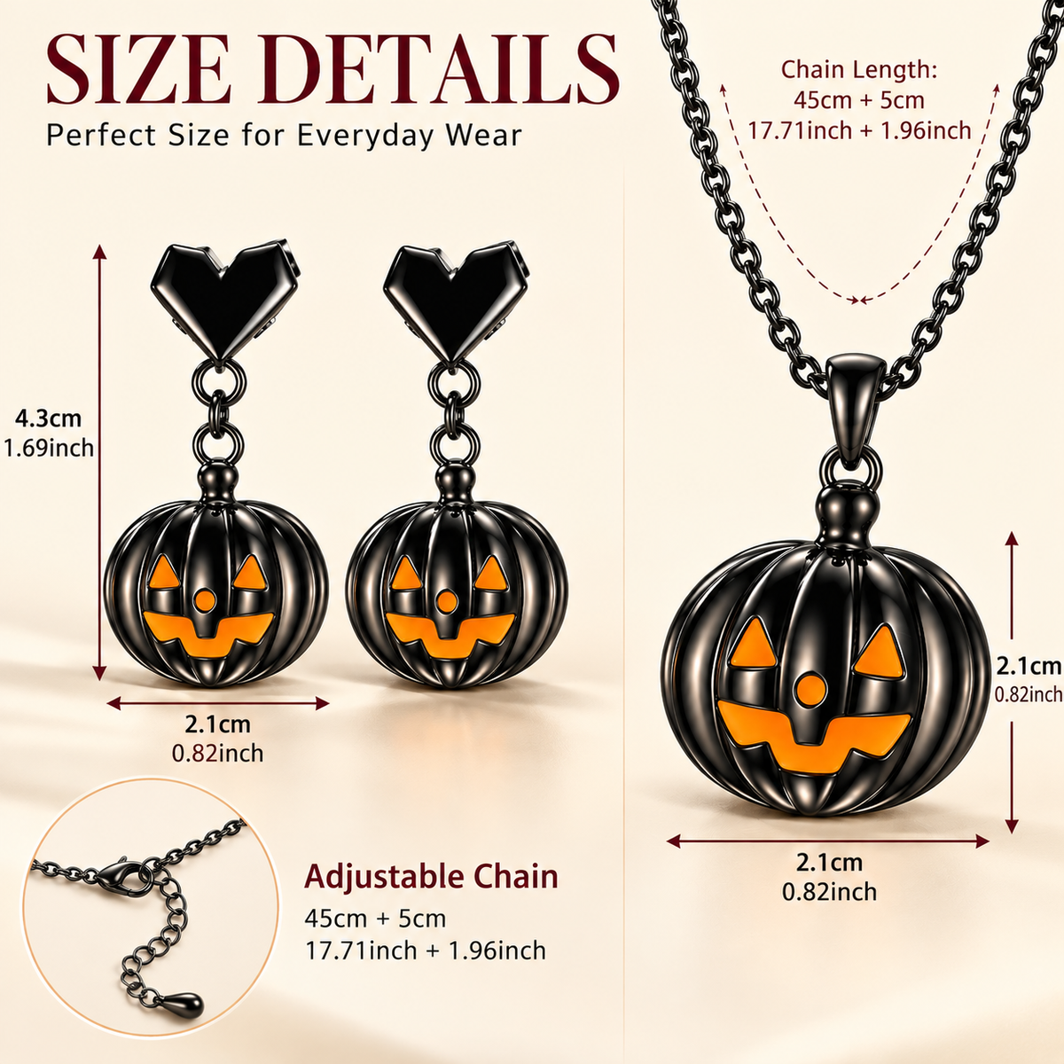 Midnight Pumpkin Necklace and Earrings Set size details