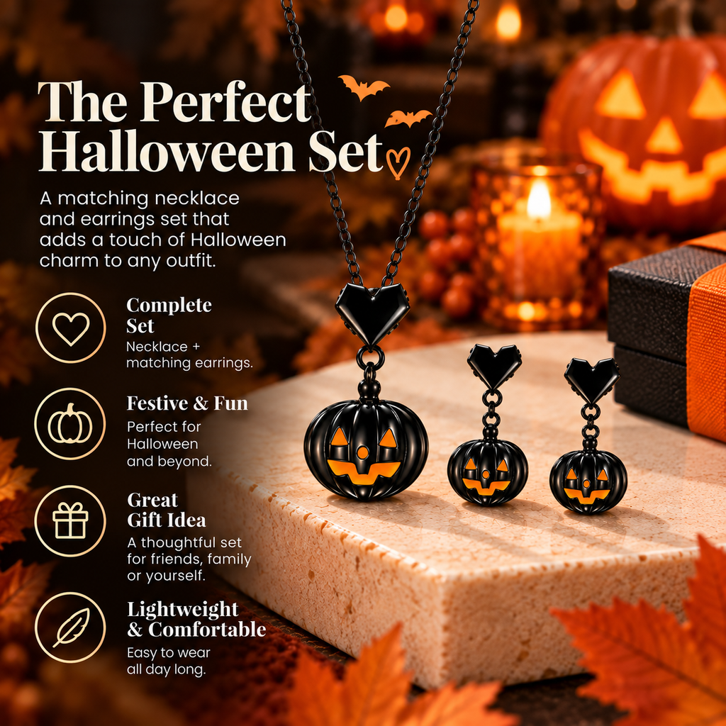 Midnight Pumpkin Necklace and Earrings Set complete Halloween set