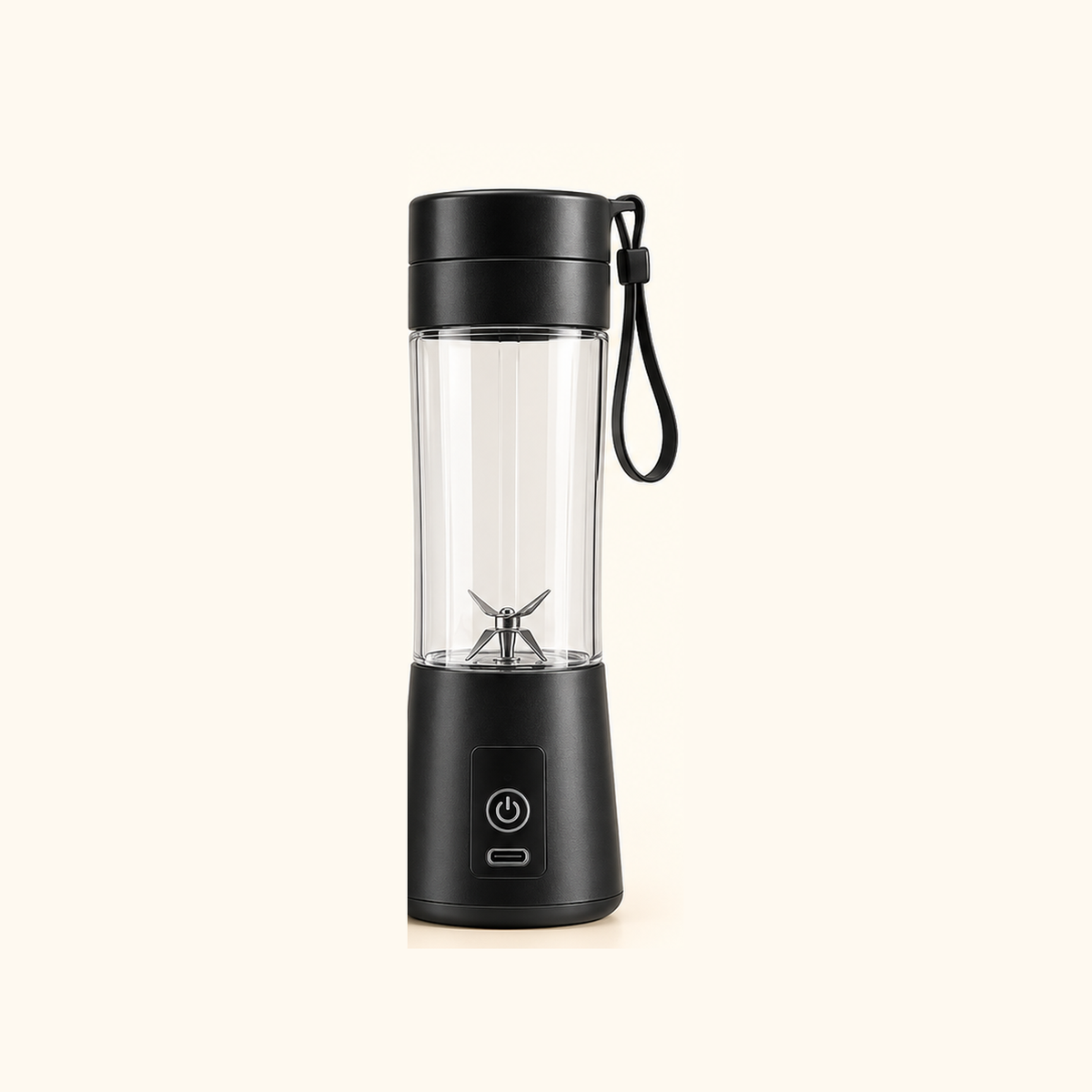 Black mini portable rechargeable blender on cream background