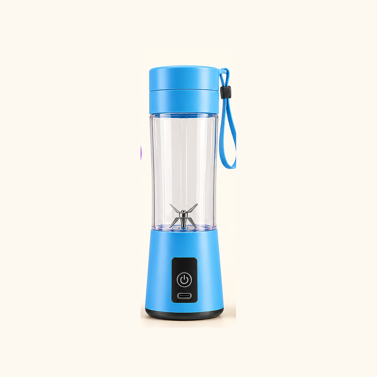 Blue mini portable rechargeable blender on cream background