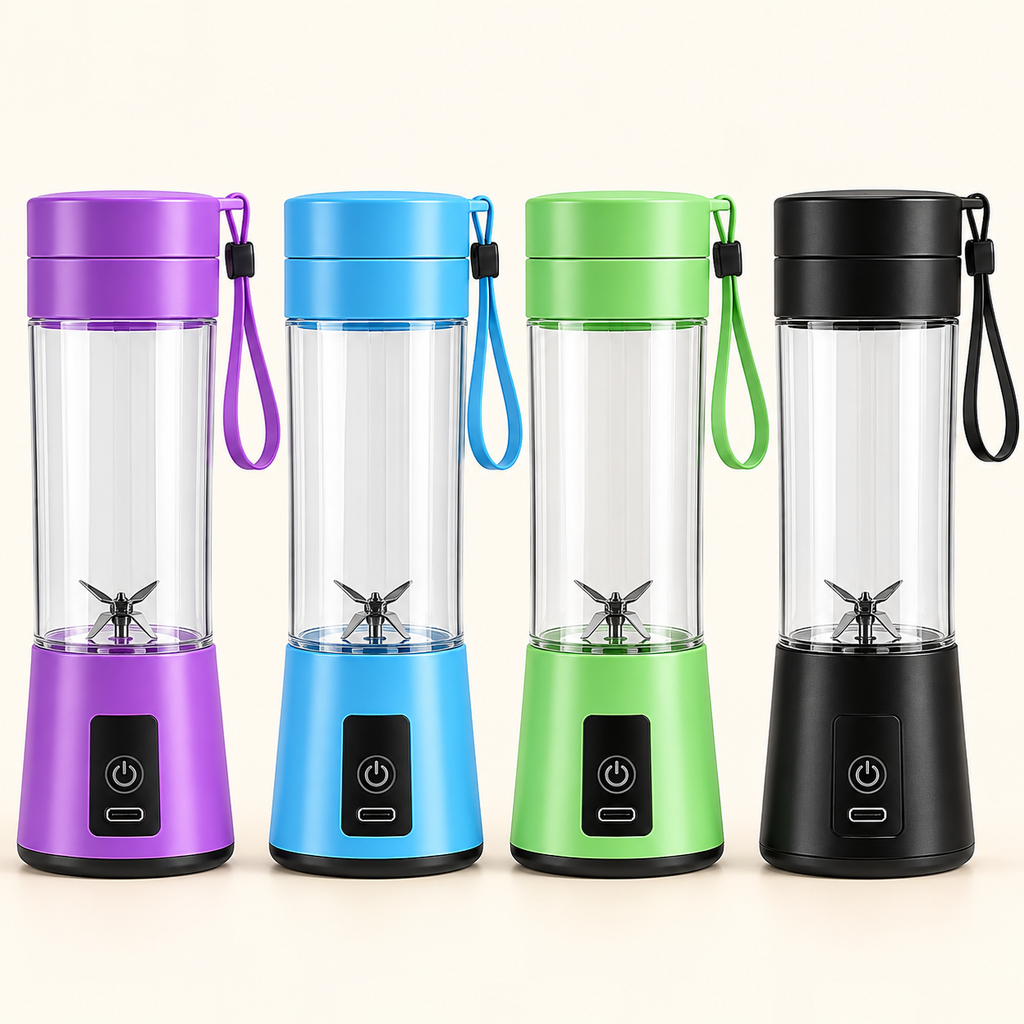 Mini portable rechargeable blender in Purple, Blue, Green, and Black on cream background