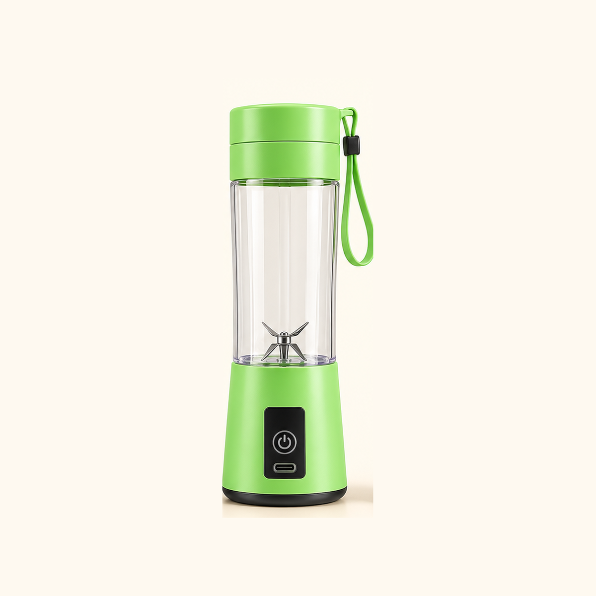 Green mini portable rechargeable blender on cream background