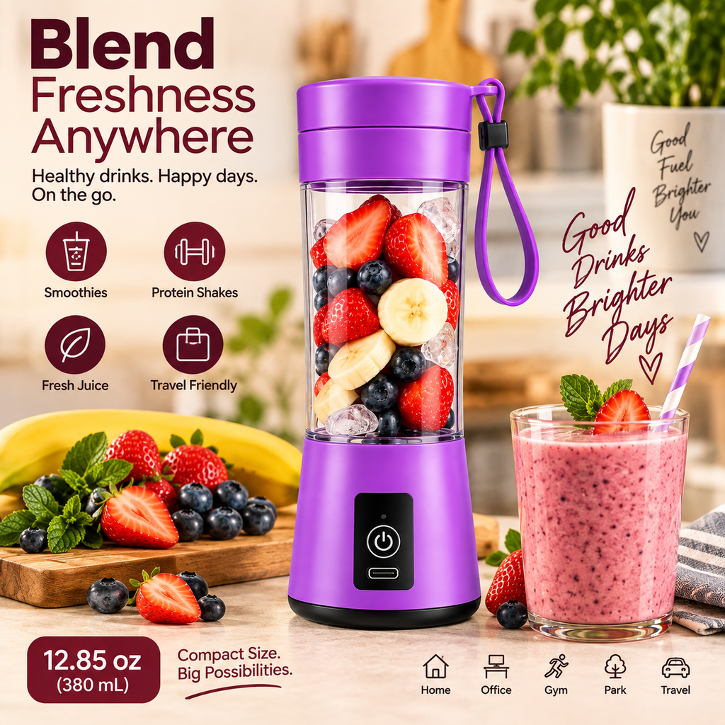 Mini portable rechargeable blender lifestyle hero with fruit and smoothie, 12.85 oz 380 mL