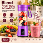 Mini portable rechargeable blender lifestyle hero with fruit and smoothie, 12.85 oz 380 mL
