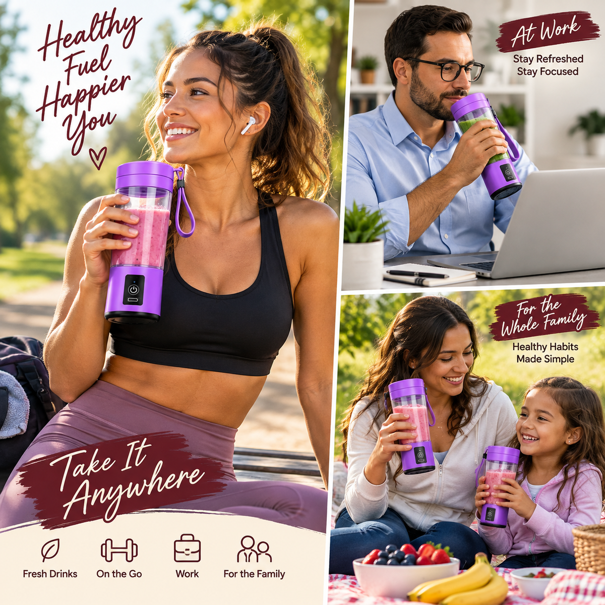 Mini portable rechargeable blender three-scene lifestyle collage for gym, work, and family use