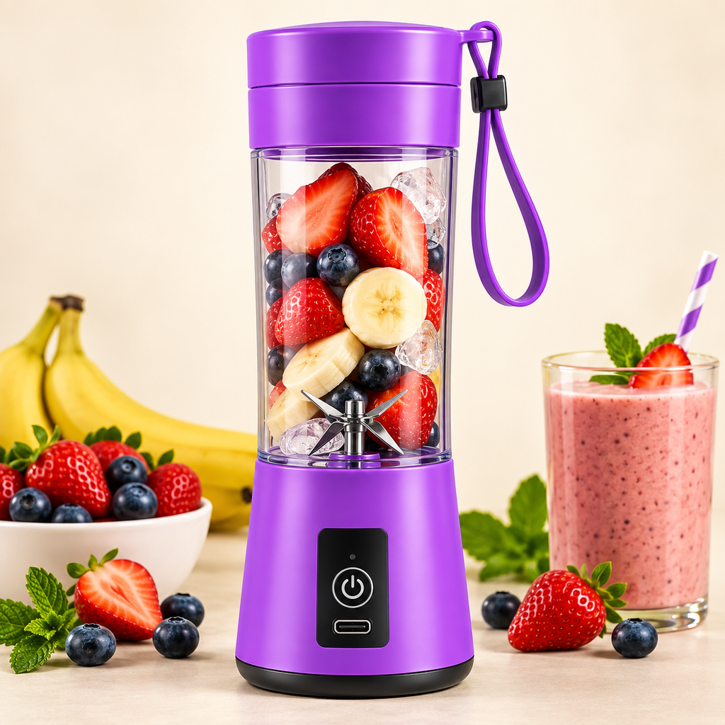 Purple mini portable rechargeable blender with fresh fruit and smoothie on cream background