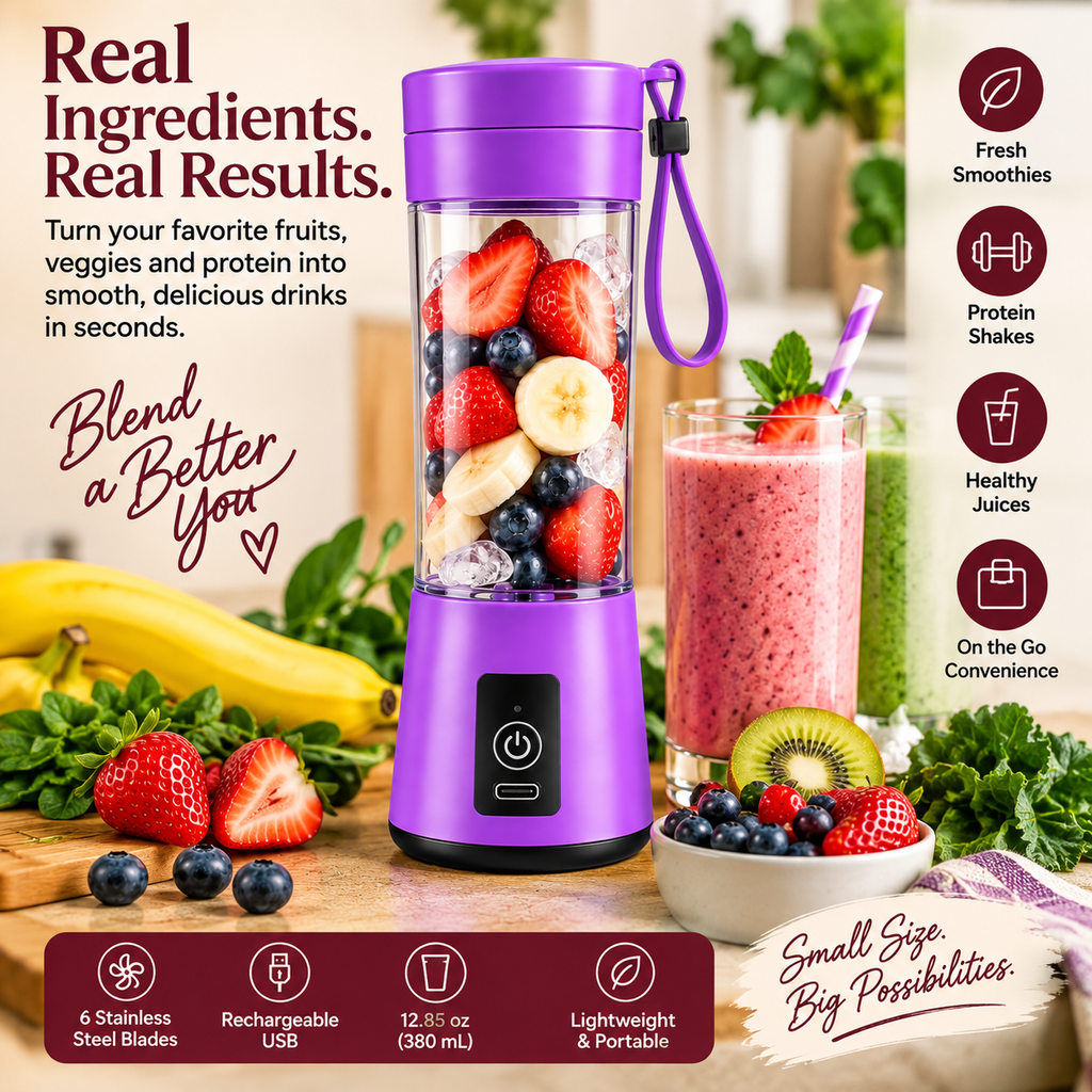 Mini portable rechargeable blender with fresh fruit, smoothies and key features