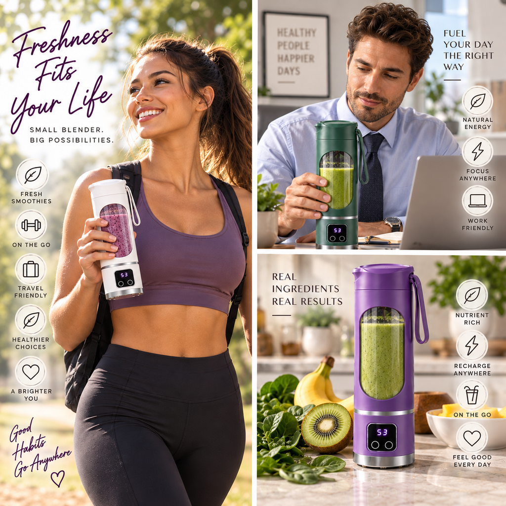 Portable blender lifestyle collage for fitness, office, and kitchen use