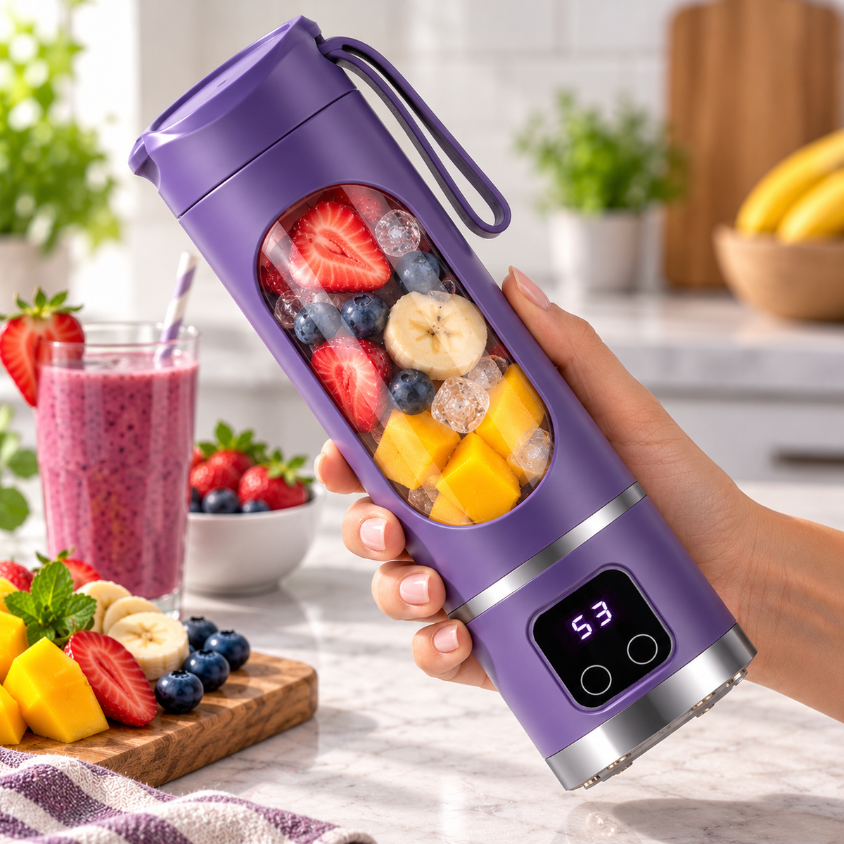 Purple portable rechargeable blender held in hand with fresh fruit